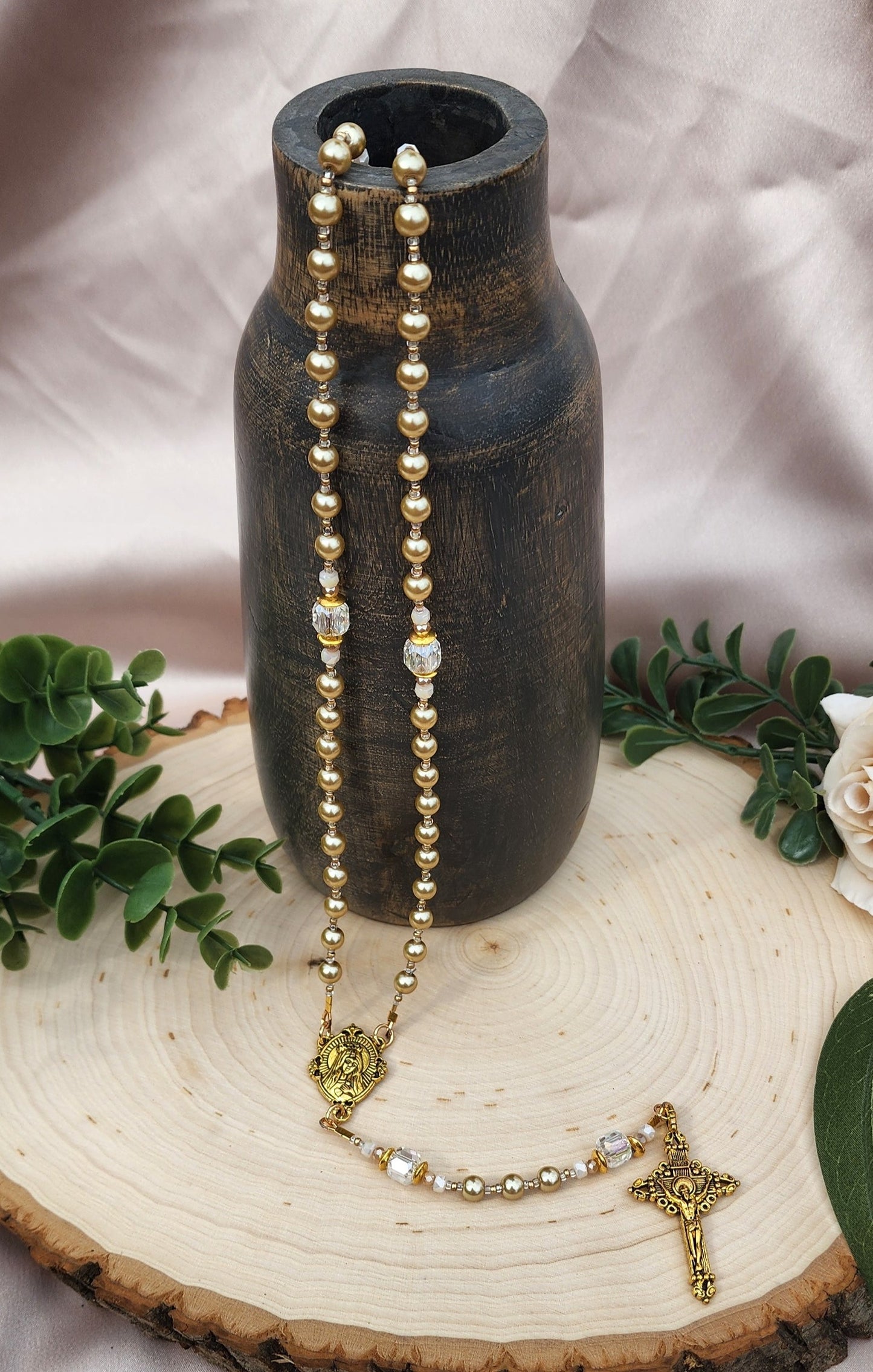 Gold Glass Pearl Rosary