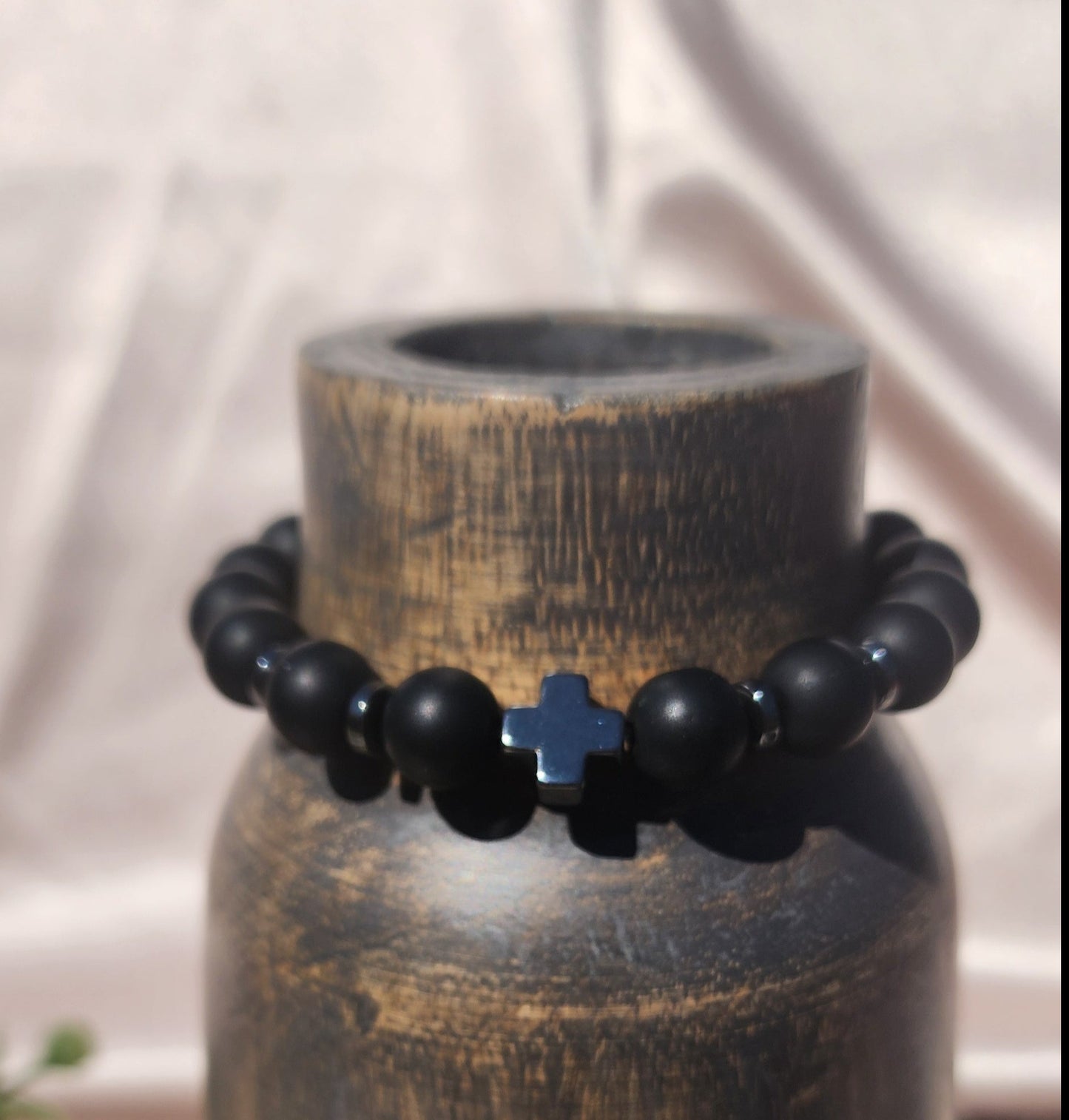 Black Beaded Cross Bracelet