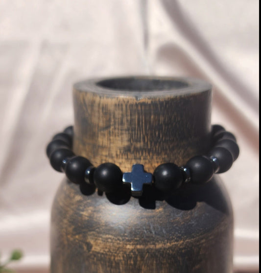 Black Beaded Cross Bracelet