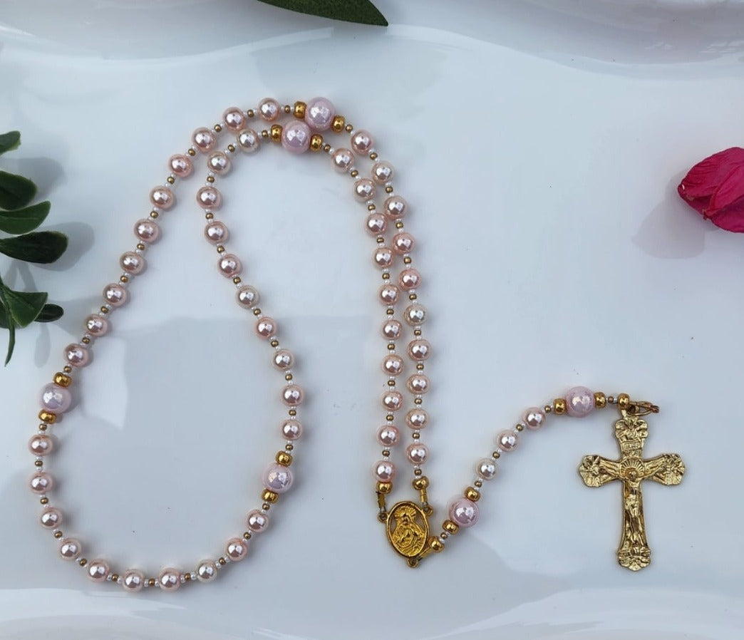 Light Pink Glass Pearl Rosary