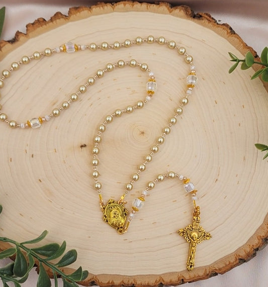 Gold Glass Pearl Rosary