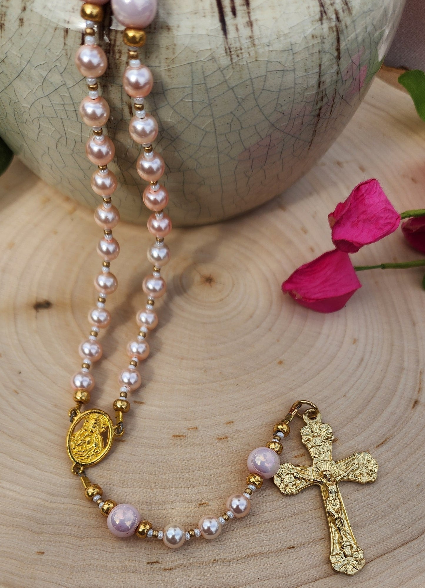 Light Pink Glass Pearl Rosary